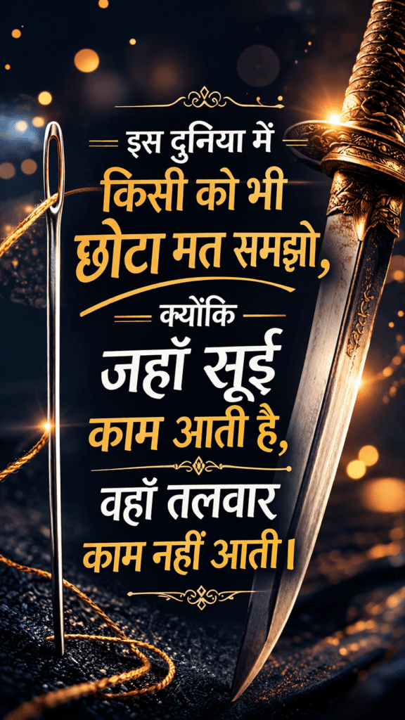 “इस दुनिया में किसी को भी छोटा मत समझो, क्योंकि जहाँ सुई काम आती है, वहाँ तलवार काम नहीं आती।”
यह विचार हमें सिखाता है कि हर व्यक्ति और हर चीज का अपना महत्व होता है। कोई भी छोटा या बड़ा नहीं होता, बस उसका काम अलग होता है।